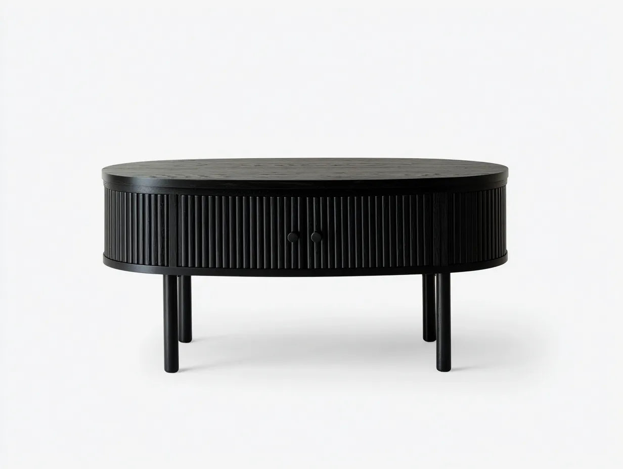 Tavolino da caffè ovale con vano contenitore e struttura scanalata 120 x 62 x 42 cm - nero grafite - per soggiorno e salotto - stile moderno architettonico