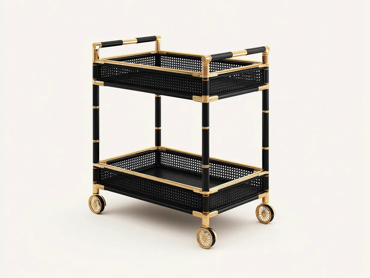 Carrello da cucina a 2 ripiani con dettagli dorati e pannelli intrecciati 72 x 42 x 86 cm - nero e oro - per cucina e zona pranzo - stile luxury contemporaneo