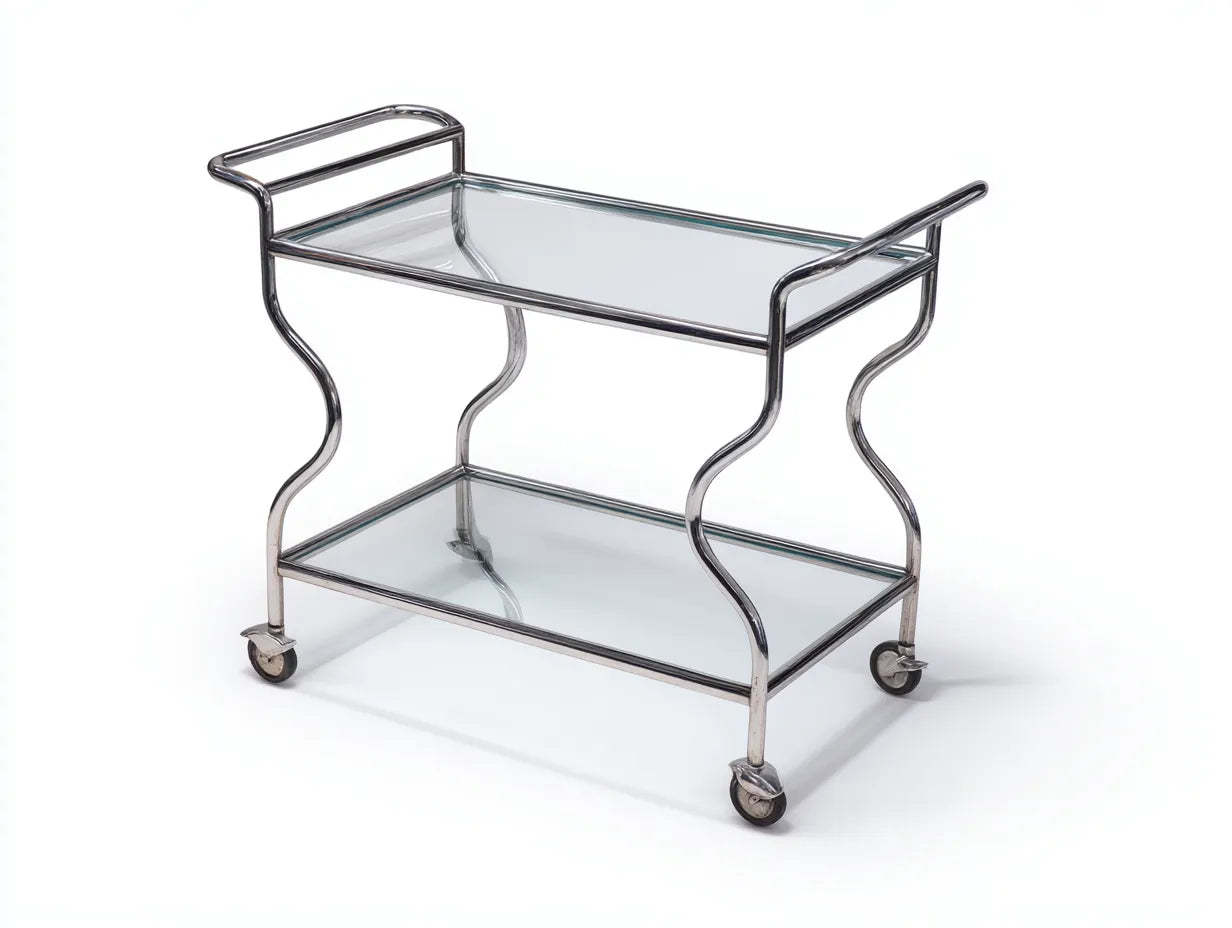 Carrello da cucina a 2 ripiani in vetro con struttura cromata e ruote 76 x 44 x 82 cm - argento e cromo lucido - per cucina e zona pranzo - stile retrò contemporaneo