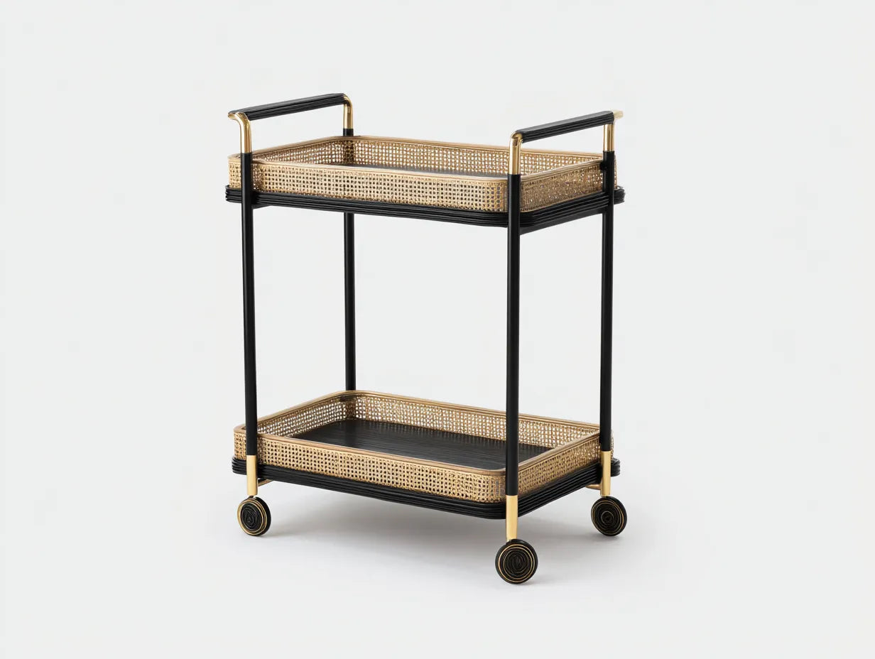 Carrello da cucina a 2 ripiani con dettagli intrecciati e ruote decorative 74 x 43 x 88 cm - nero e oro chiaro - per cucina e zona pranzo - stile elegante contemporaneo