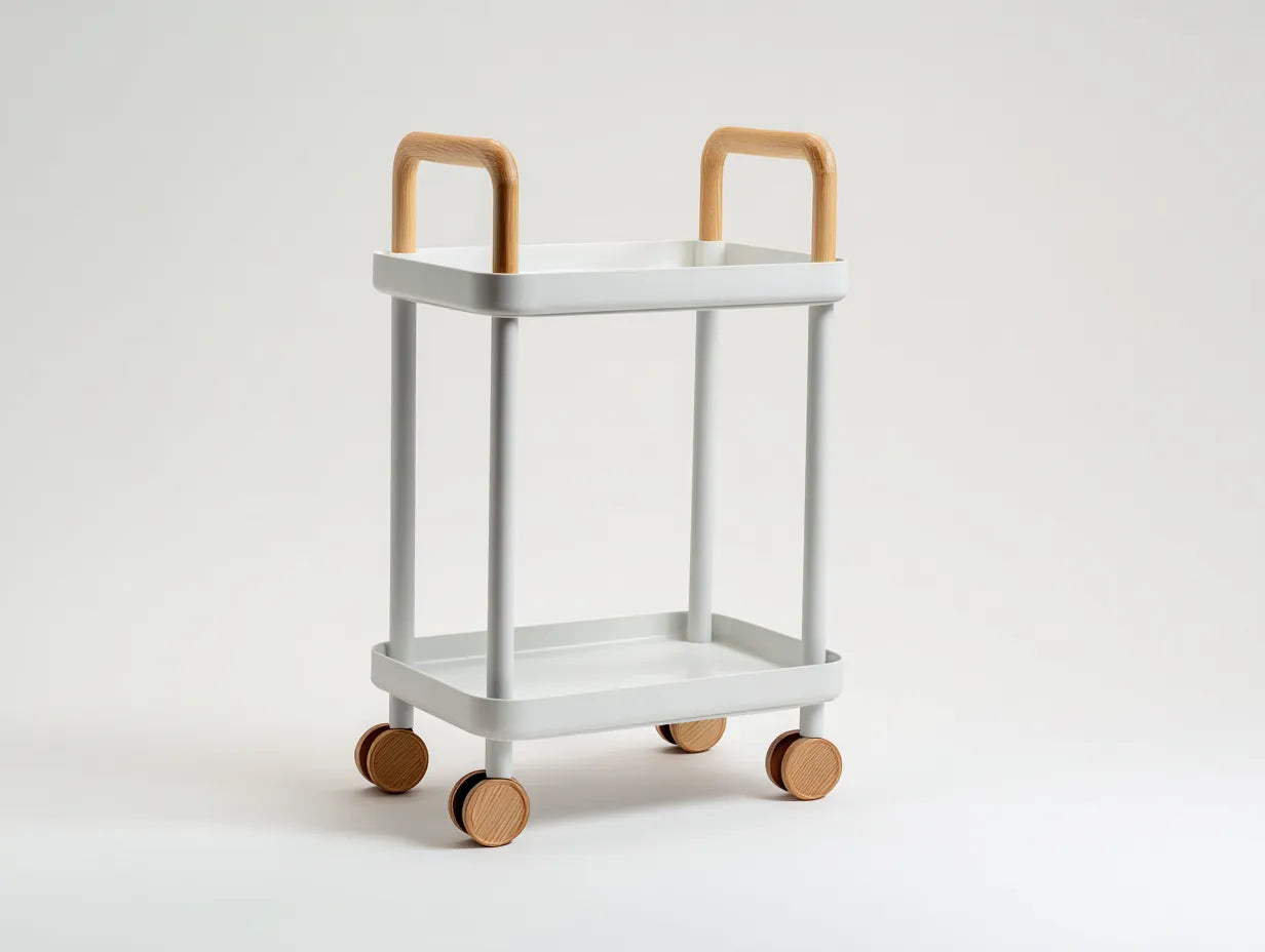 Carrello da cucina a 2 ripiani con maniglie e ruote effetto legno 58 x 36 x 84 cm - bianco opaco e rovere chiaro - per cucina e soggiorno - stile nordico moderno