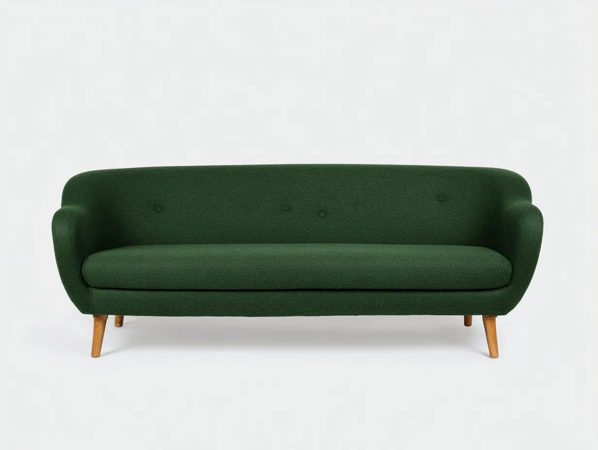 Divano 3 posti in tessuto strutturato 218 x 88 x 79 cm - verde bosco e legno naturale - design rétro per soggiorno