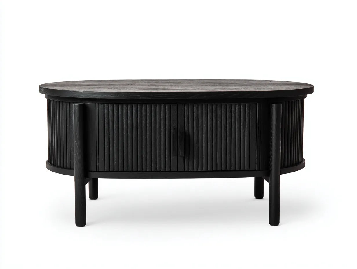 Tavolino da caffè ovale con ante frontali e struttura scanalata 118 x 62 x 46 cm - nero profondo - per soggiorno e salotto - stile moderno elegante