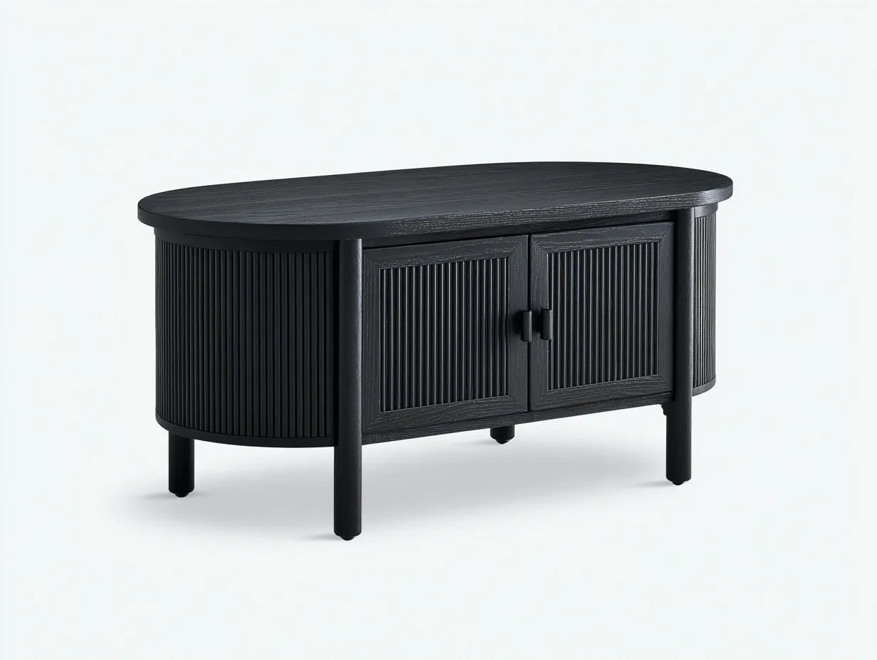 Tavolino da caffè ovale con vano contenitore e frontale scanalato 115 x 58 x 44 cm - nero intenso - per soggiorno e salotto - stile contemporaneo lineare