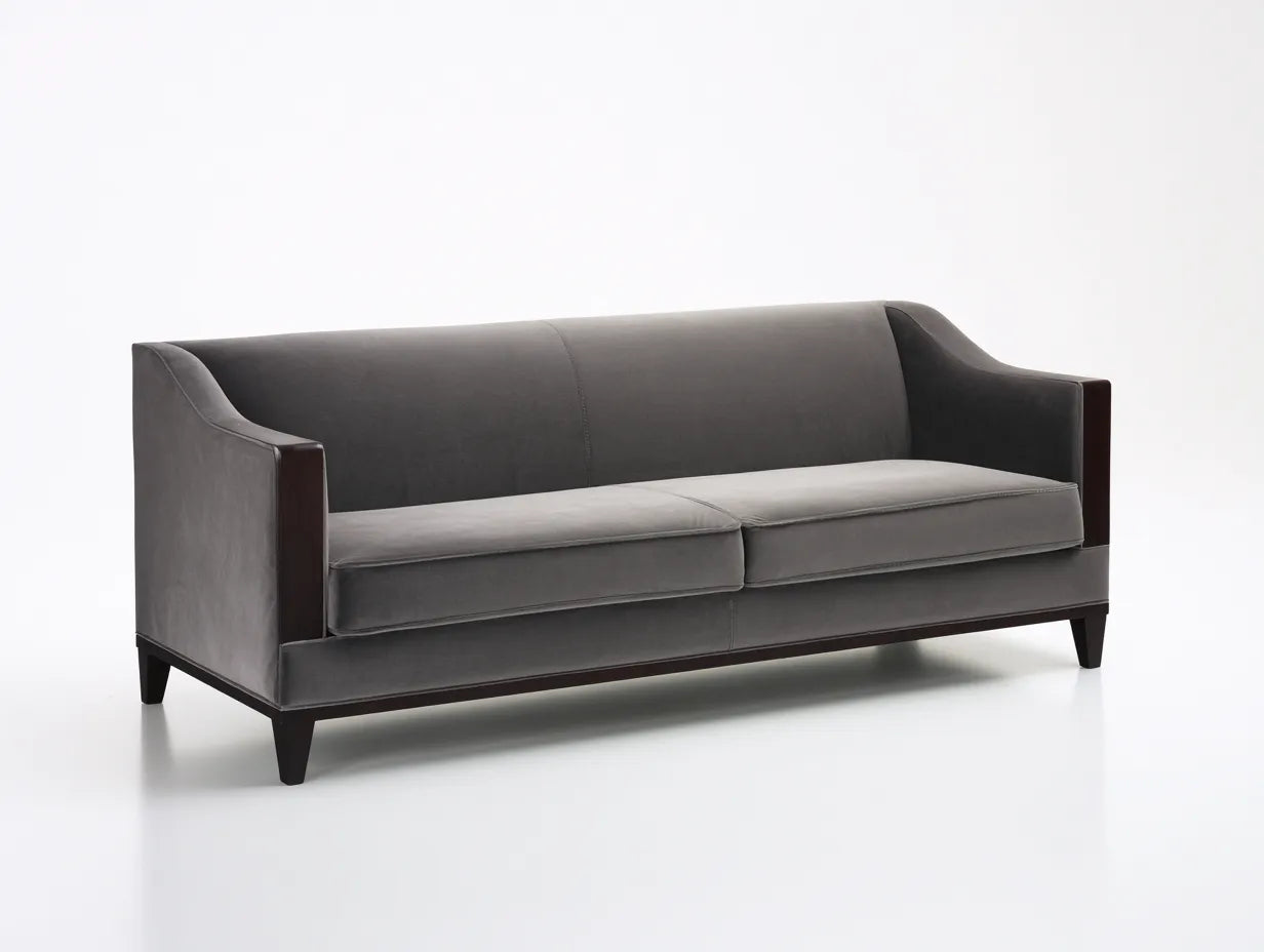 Divano 3 posti in velluto 210 x 84 x 79 cm grigio tortora per soggiorno - stile essenziale con dettagli in legno scuro