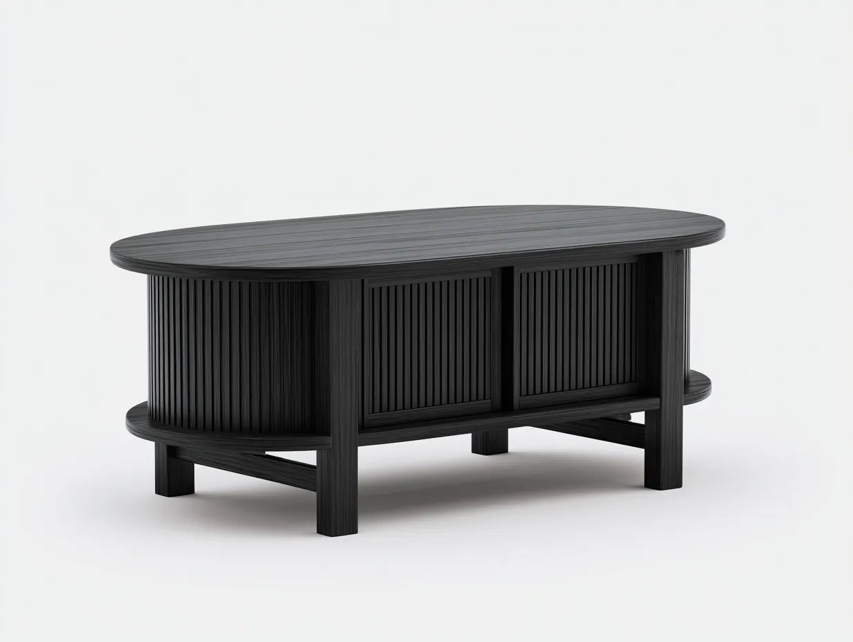 Tavolino da caffè ovale con vano contenitore e pannelli a doghe 124 x 64 x 45 cm - nero venato - per soggiorno e salotto - stile moderno strutturato