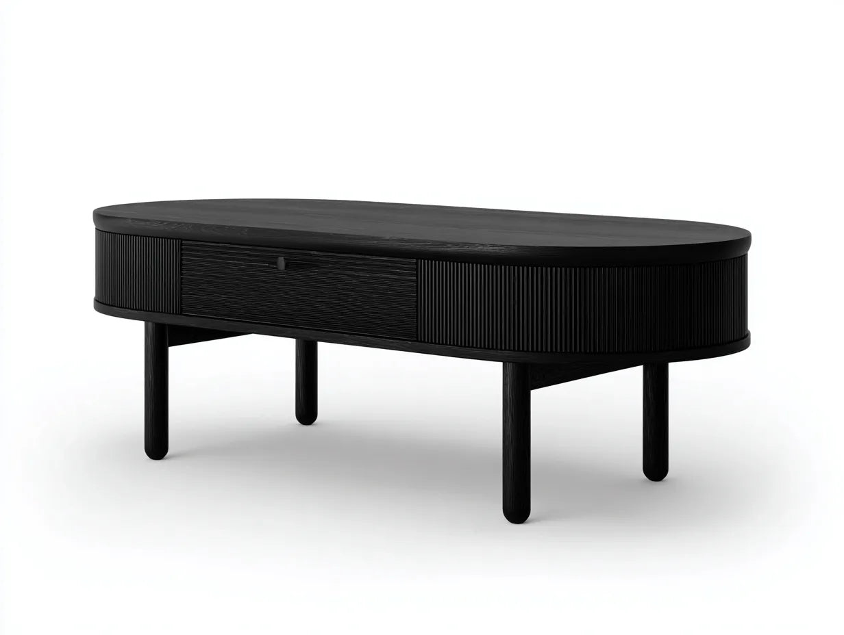 Tavolino da caffè ovale con cassetto centrale e pannelli scanalati 122 x 60 x 46 cm - nero carbone - per soggiorno e salotto - stile moderno raffinato