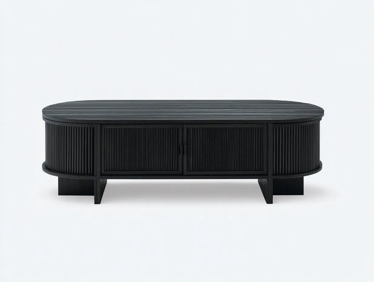 Tavolino da caffè ovale con cassetto centrale e pannelli scanalati 122 x 60 x 46 cm - nero carbone - per soggiorno e salotto - stile moderno raffinato